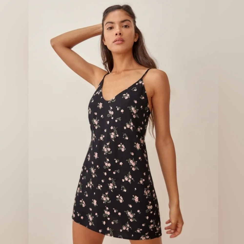 New Reformation Marlowe Mini Floral Dress Leg Slit Black and Multicolor Women's